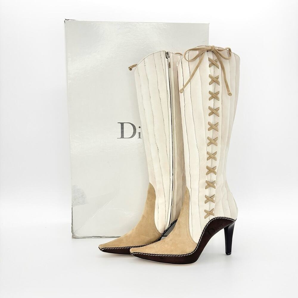 NIB Dior John Galliano F/W 2001 Lace Up Knee High Pointed Toe Cowboy Boots 37.5 - Picture 2 of 11
